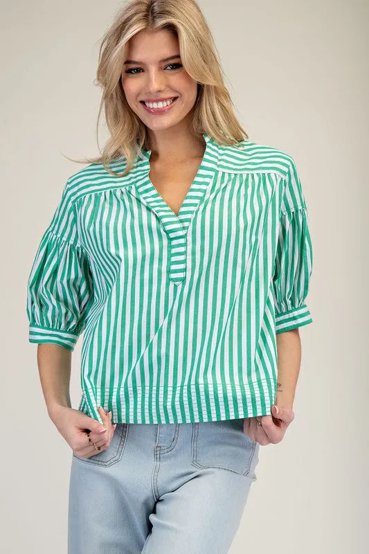 Elis Striped Bubble Sleeve V-Neck Blouse
