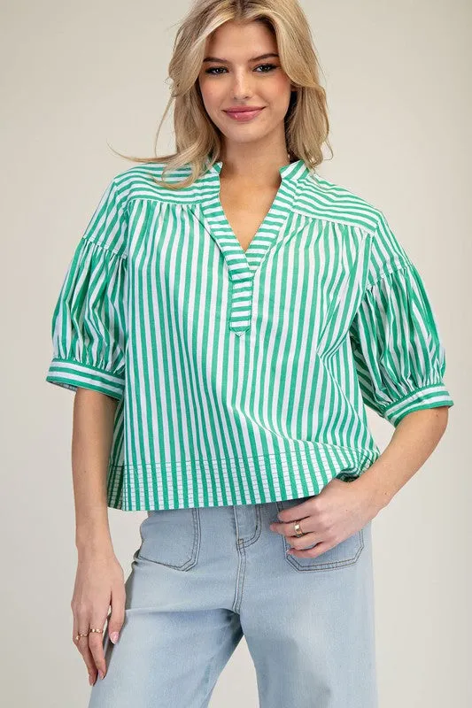 Elis Striped Bubble Sleeve V-Neck Blouse