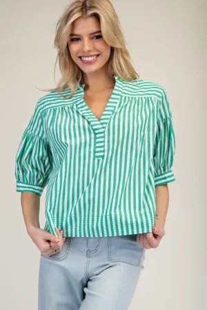 Elis Striped Bubble Sleeve V-Neck Blouse