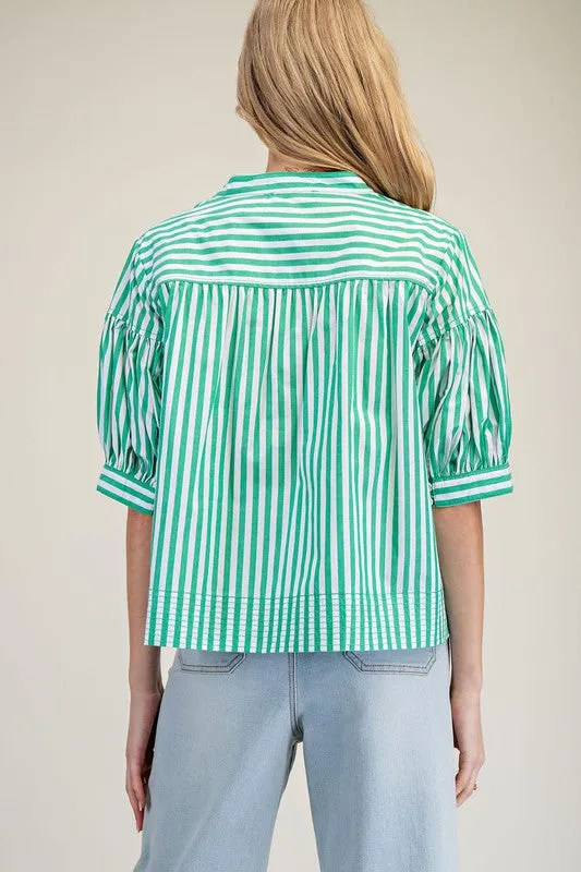 Elis Striped Bubble Sleeve V-Neck Blouse