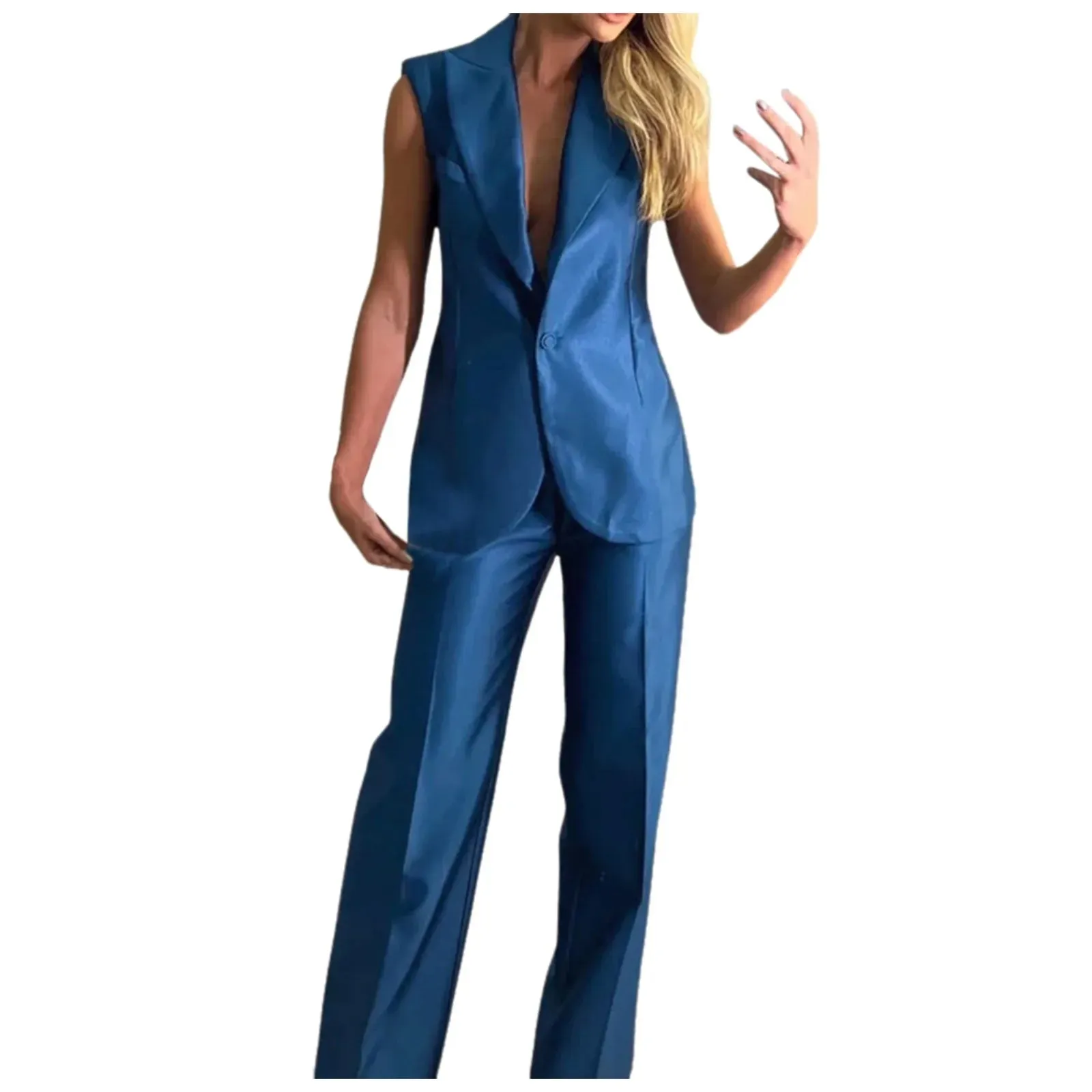 Fashion Korean Women Blazer 2 Piece Outfits Elegant Sleeveless Sets Jackets Vest Straight Pants Suit Female Chic Business Outfit