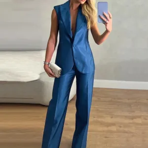 Fashion Korean Women Blazer 2 Piece Outfits Elegant Sleeveless Sets Jackets Vest Straight Pants Suit Female Chic Business Outfit