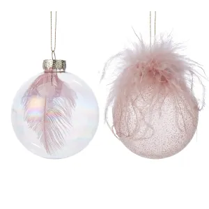 Feather Ball Glass Ornaments Pink Set 2