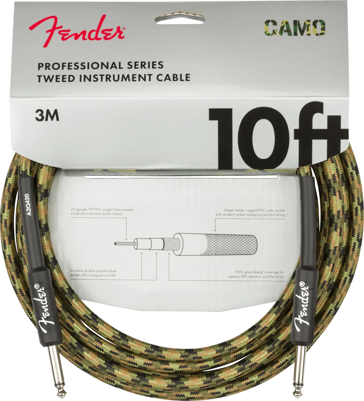 FENDER Professional Series Instrument Cable Straight/Straight 10', Woodland Camo