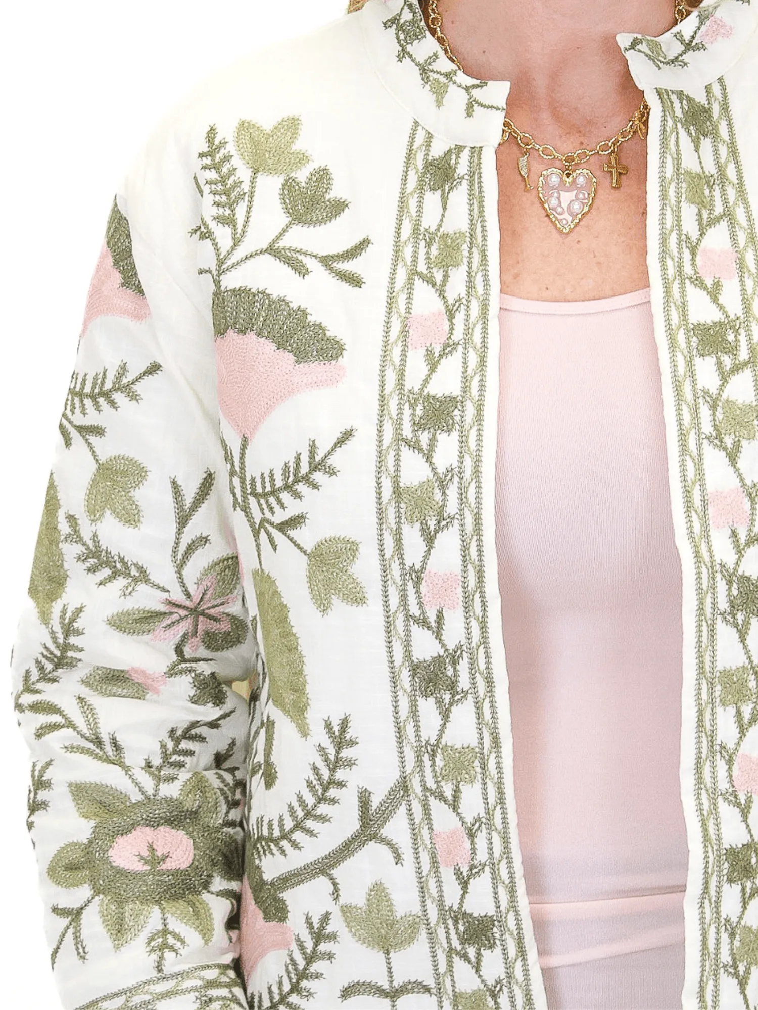 Floral Embroidered Slub Jacket - Cream