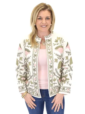 Floral Embroidered Slub Jacket - Cream