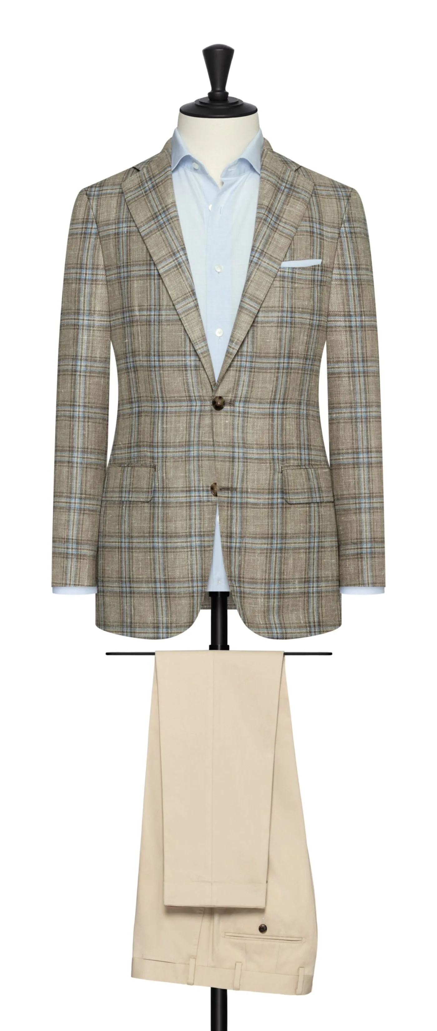 Fratelli Tallia di Delfino Taupe Wool, Silk & Linen Check With Light Blue Overcheck