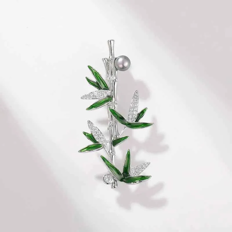 Gold & Silver Bamboo Pearl Brooch – Elegant Coat Accessory Pin