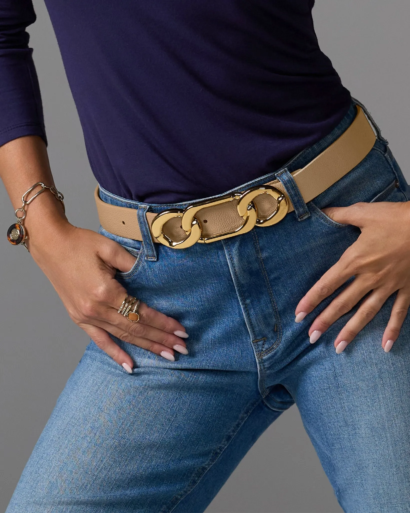 Gold Chain Link Buckle Belt Taupe
