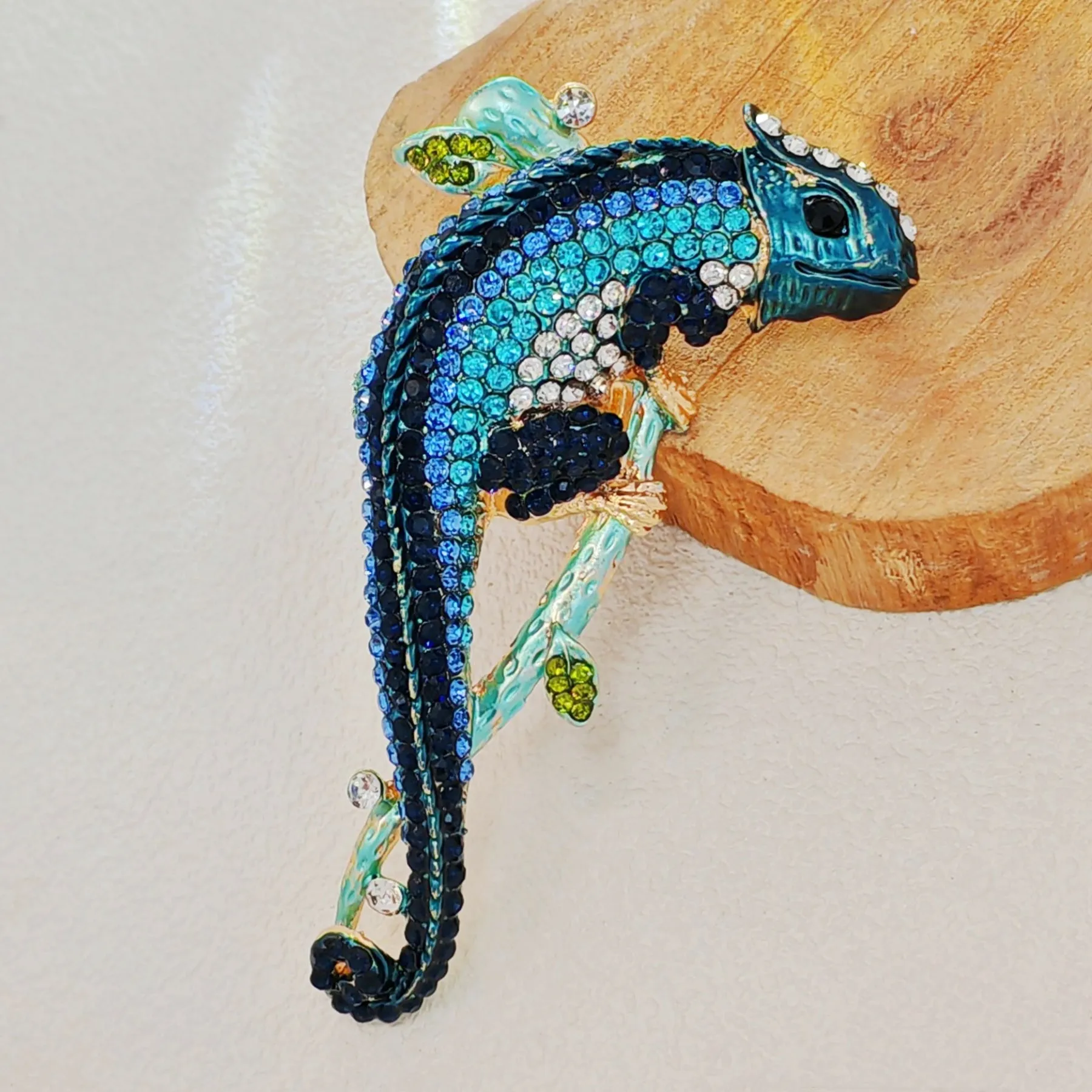 Gorgeous Blue - Hued Chameleon Brooch with Crystal Embellishments