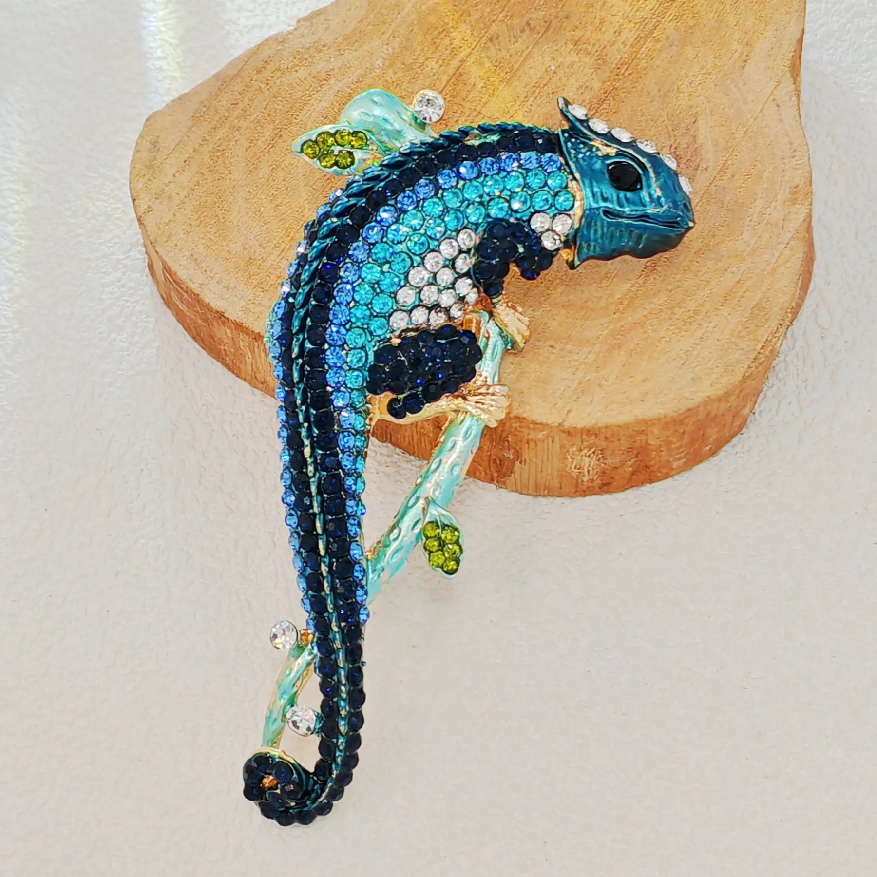 Gorgeous Blue - Hued Chameleon Brooch with Crystal Embellishments