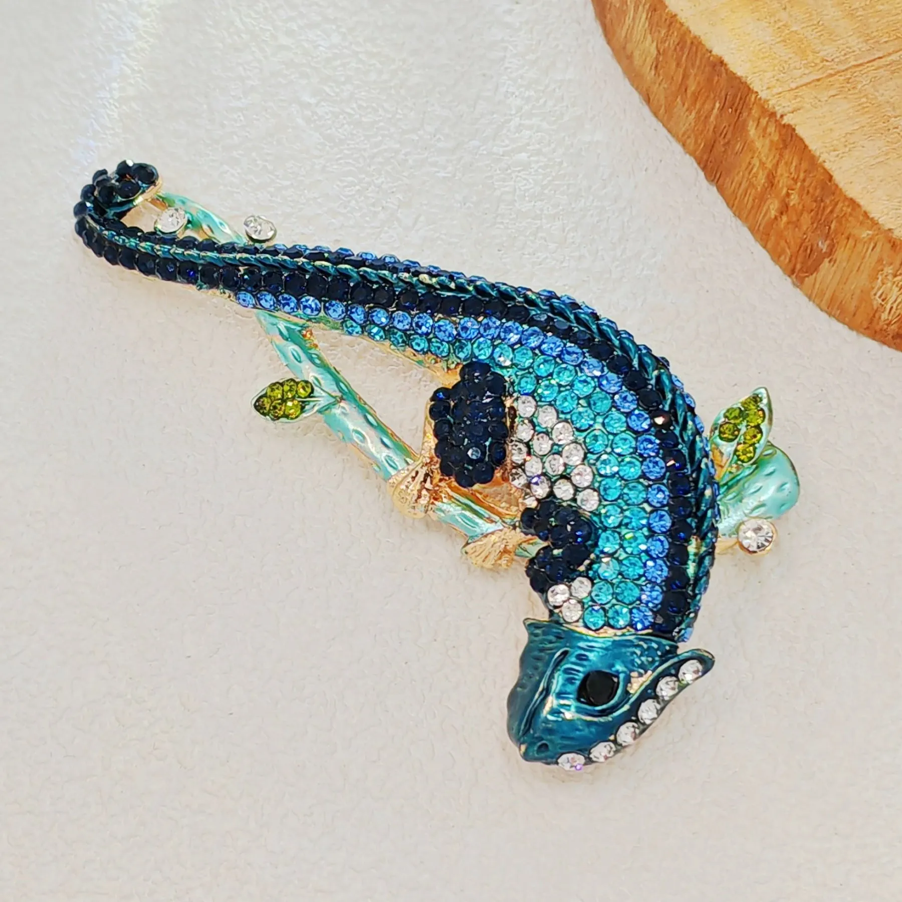 Gorgeous Blue - Hued Chameleon Brooch with Crystal Embellishments
