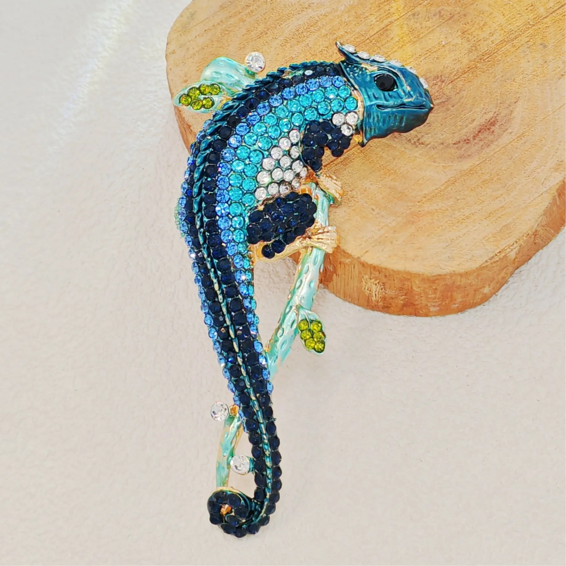 Gorgeous Blue - Hued Chameleon Brooch with Crystal Embellishments