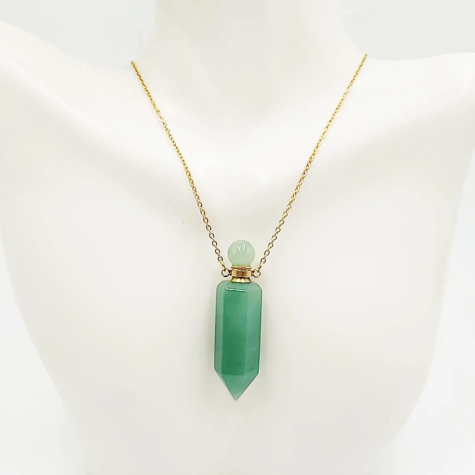 Green Aventurine Bottle Pendant Necklace Holder Perfume Oils Incense Ashes