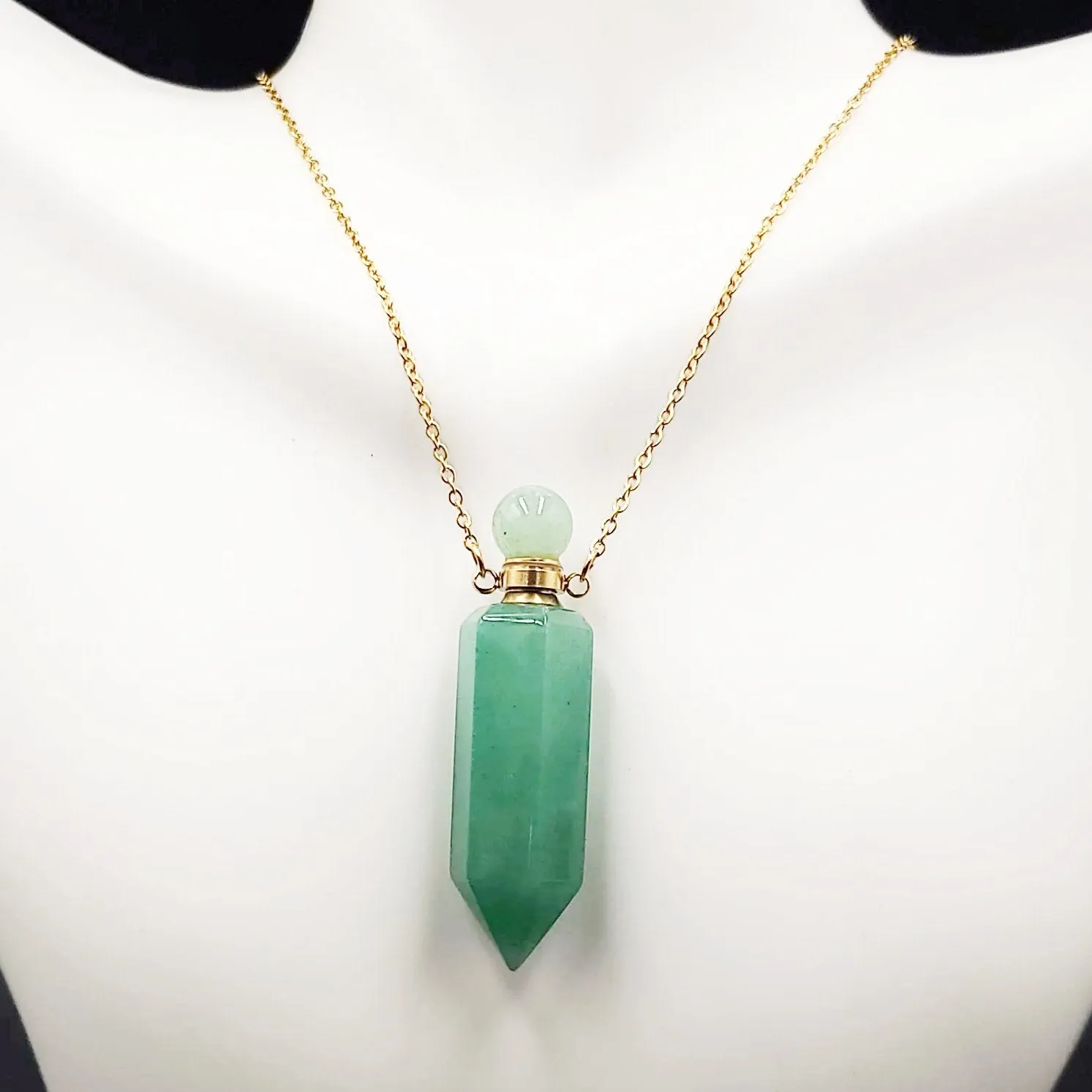 Green Aventurine Bottle Pendant Necklace Holder Perfume Oils Incense Ashes