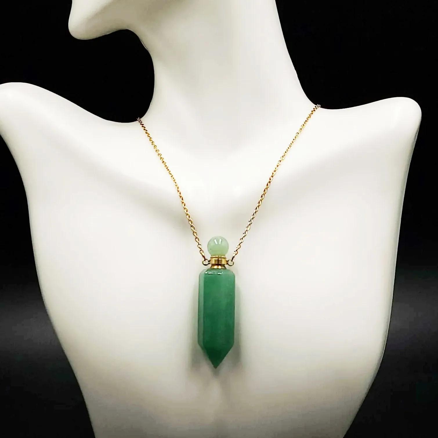 Green Aventurine Bottle Pendant Necklace Holder Perfume Oils Incense Ashes