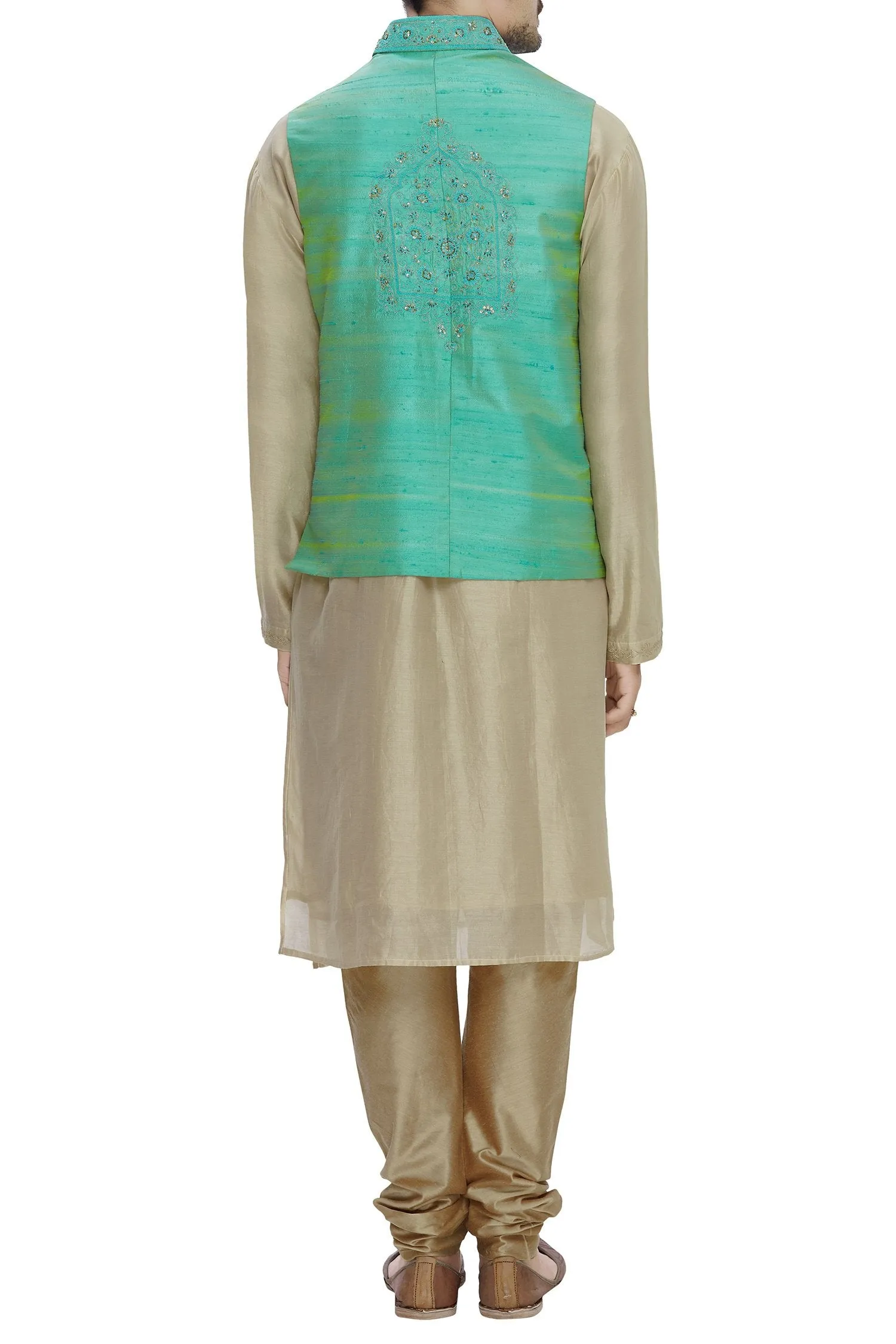 Green Raw Silk Embroidered Nehru Jacket Bandhgala Waistcoat Bandi