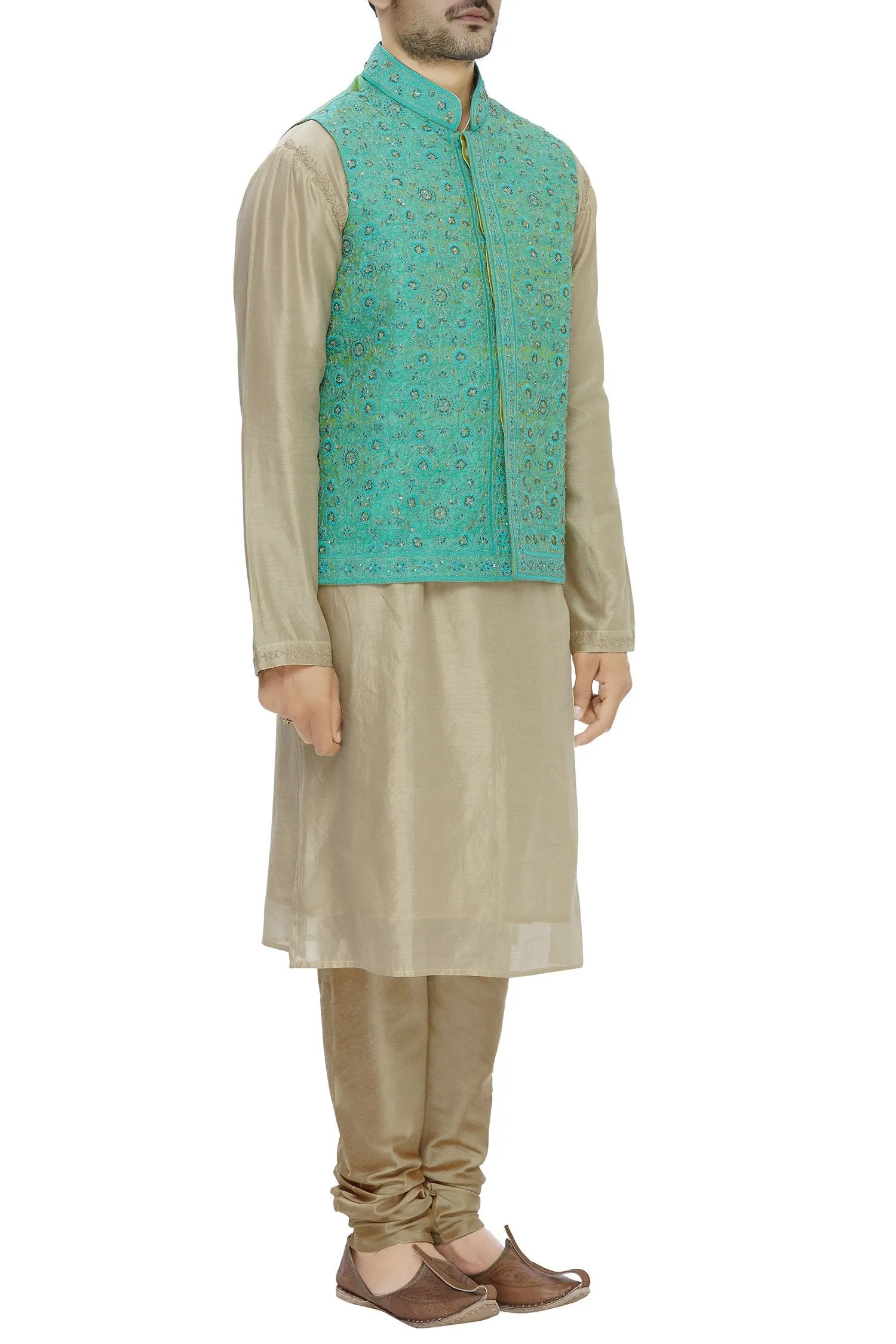 Green Raw Silk Embroidered Nehru Jacket Bandhgala Waistcoat Bandi