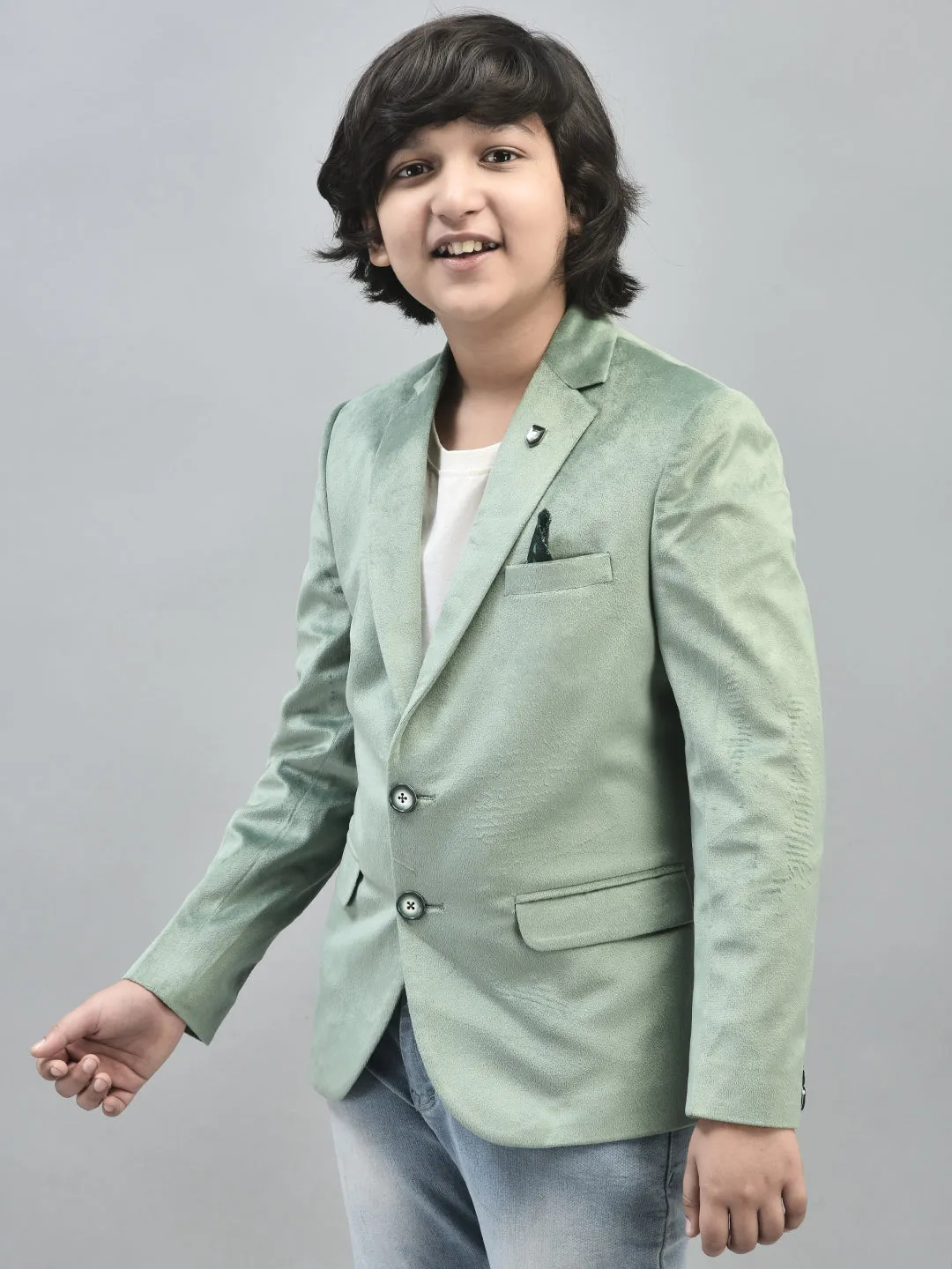 Green Velvet Finish Single Breasted Blazer