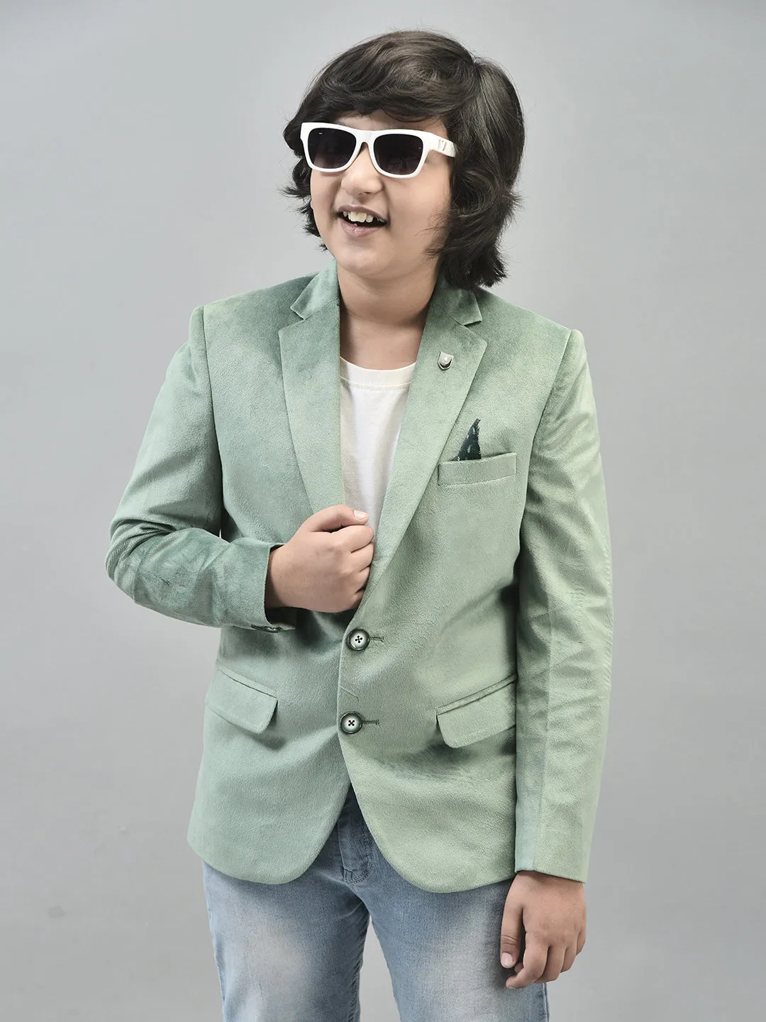 Green Velvet Finish Single Breasted Blazer