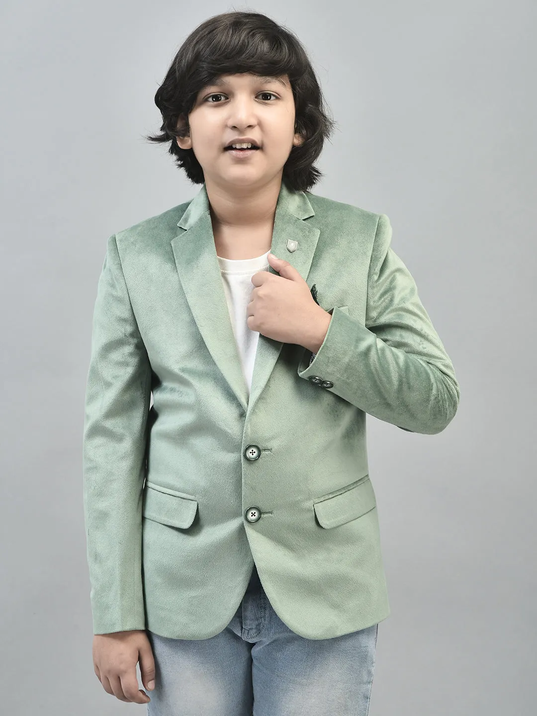 Green Velvet Finish Single Breasted Blazer