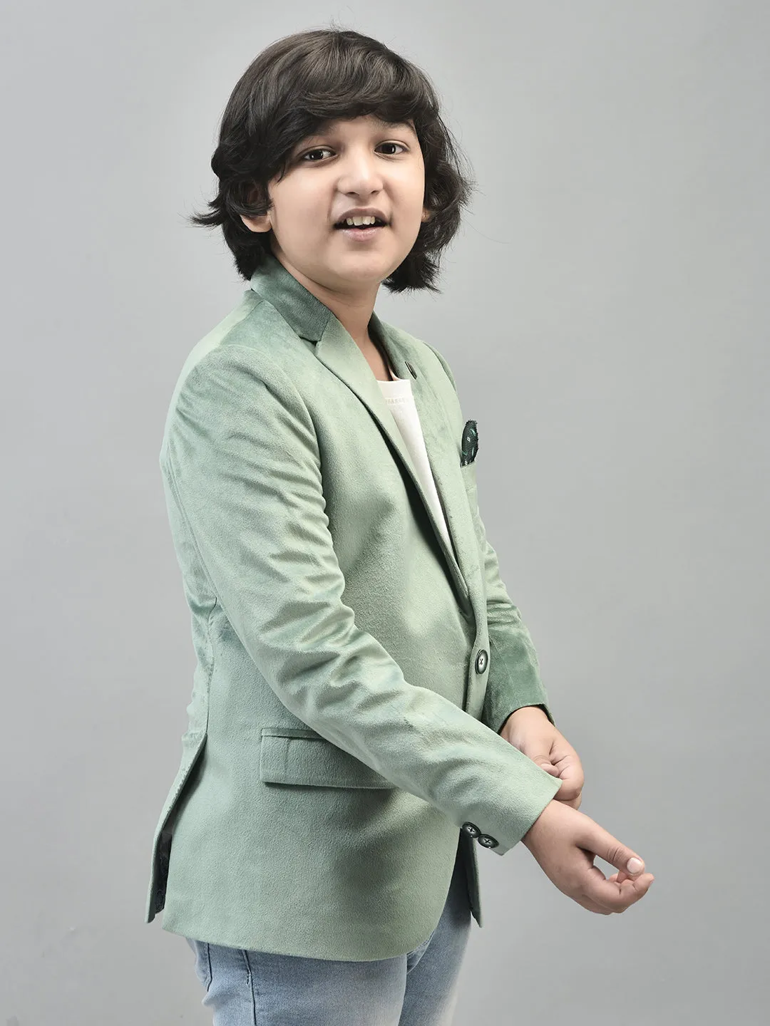 Green Velvet Finish Single Breasted Blazer