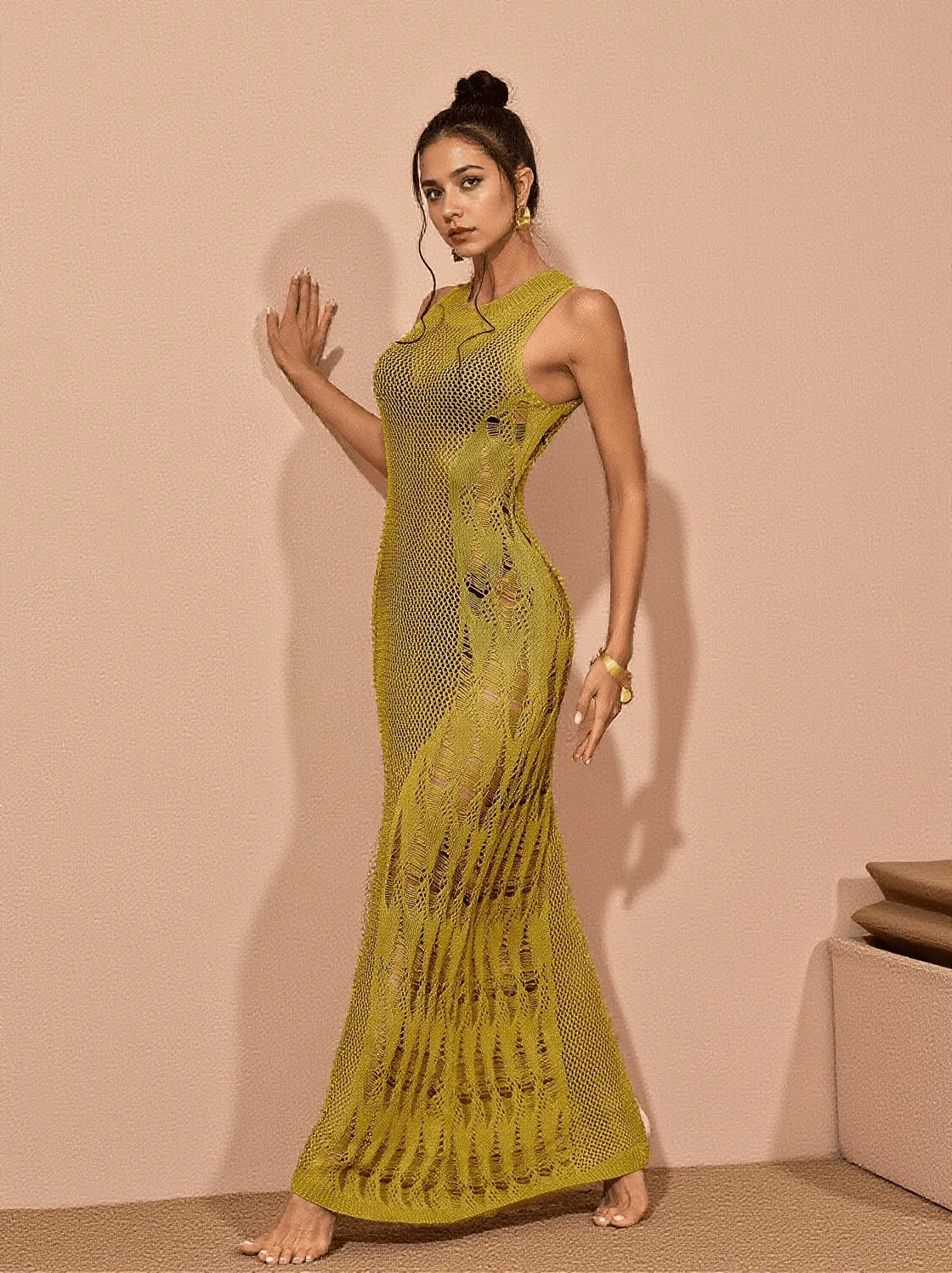 Julieta Hollow Knitted Maxi Dress In Green