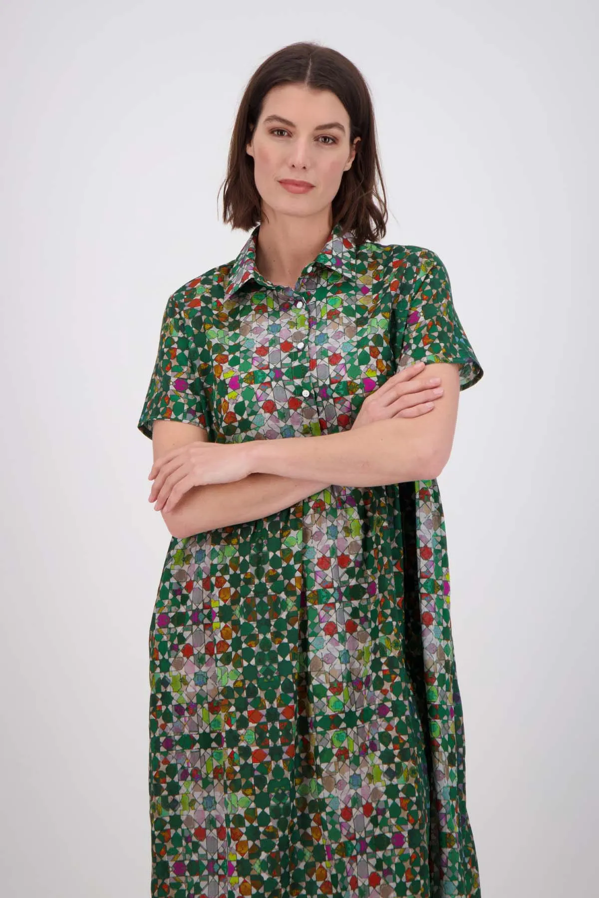 Kaleidoscope Villa Dress Long Green in Cotton Voile