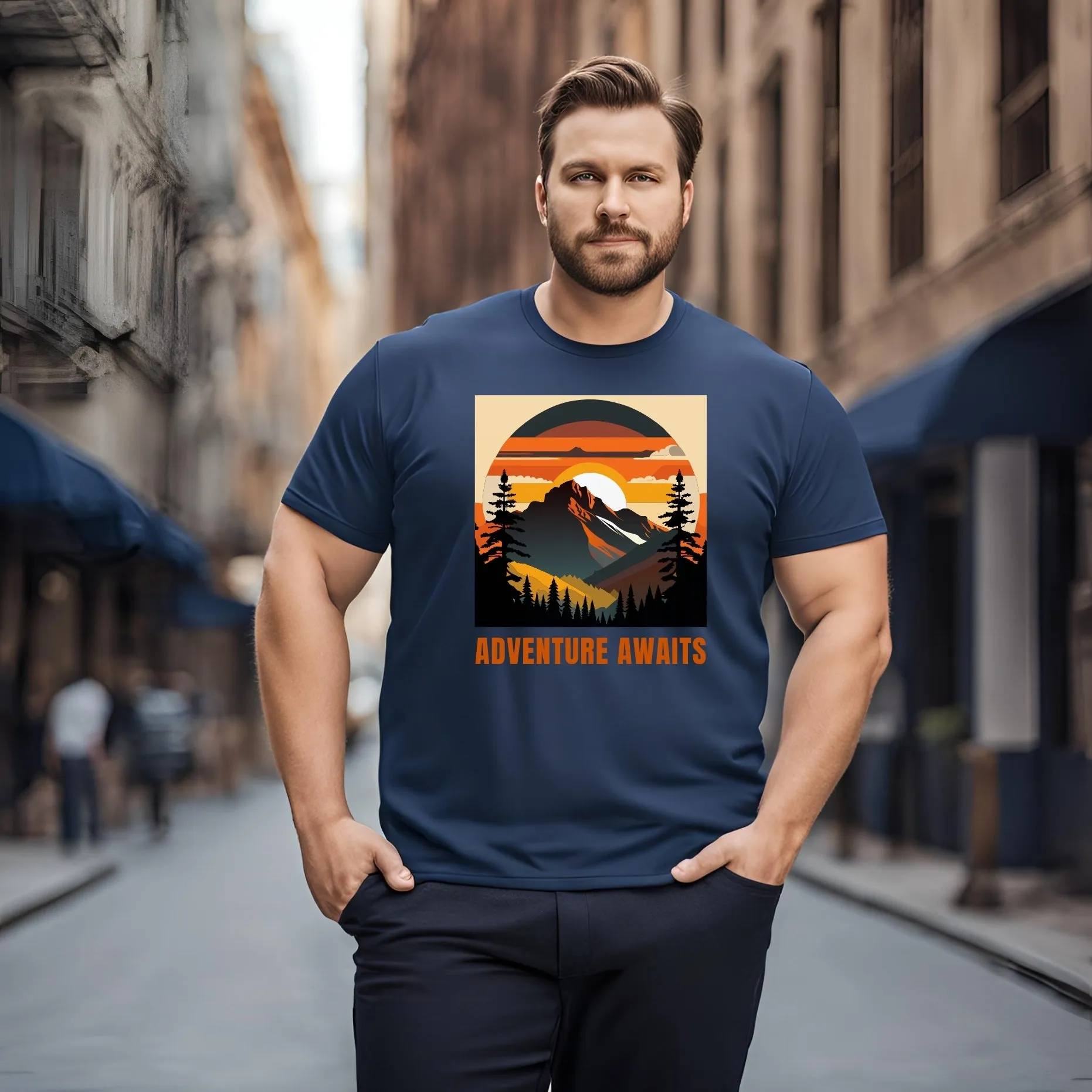 KART BLACK Men's Plus Size Navy Color Tshirts | Regular Fit Round Neck Cotton Tshirts | NVY-ADVENTURE WAITS