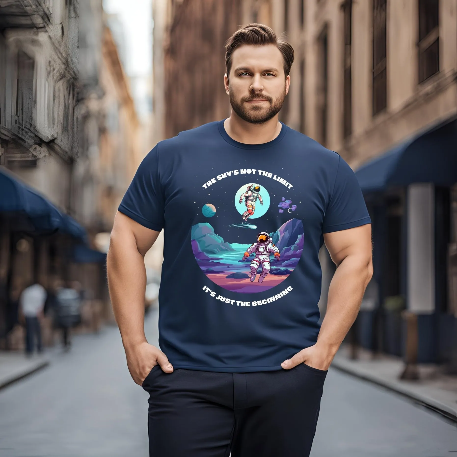 KART BLACK Men's Plus Size Navy Color Tshirts | Regular Fit Round Neck Cotton Tshirts | NVY-SKY SPACE