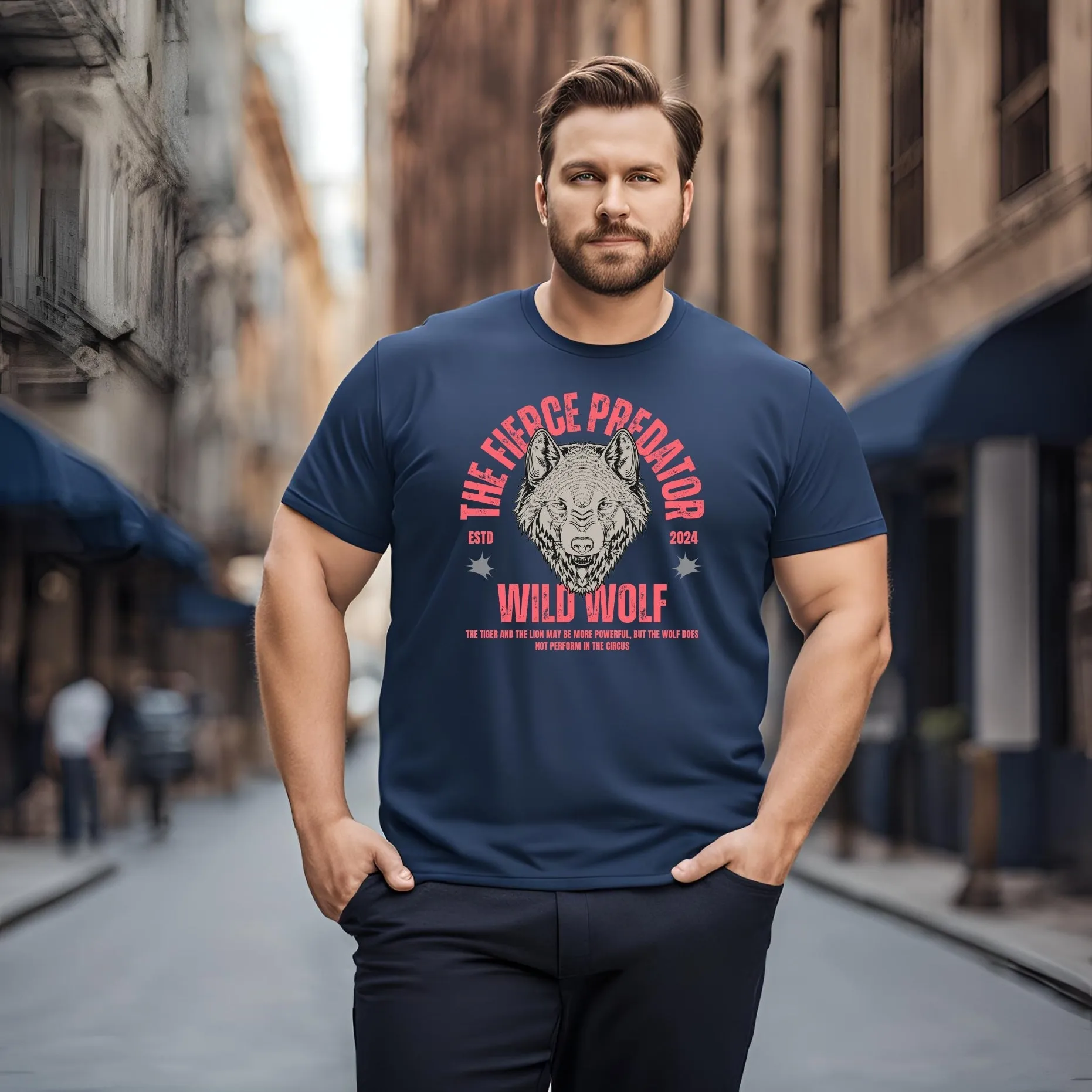KART BLACK Men's Plus Size Navy Color Tshirts | Regular Fit Round Neck Cotton Tshirts | NVY-WILD WOLF