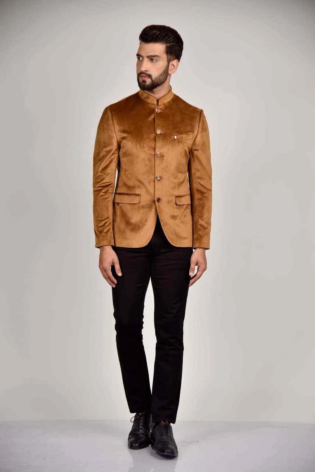 Khaki Velvet Bandhgala Blazer