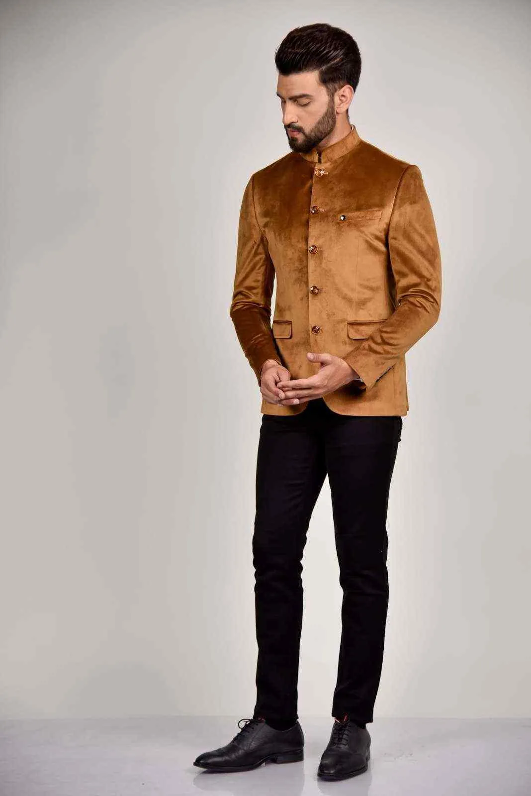 Khaki Velvet Bandhgala Blazer