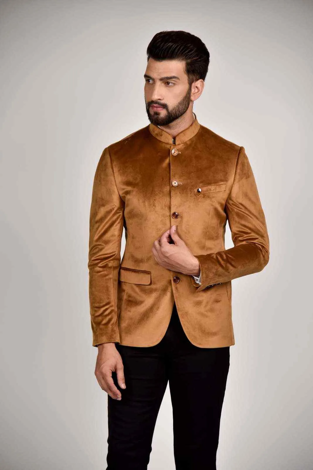 Khaki Velvet Bandhgala Blazer