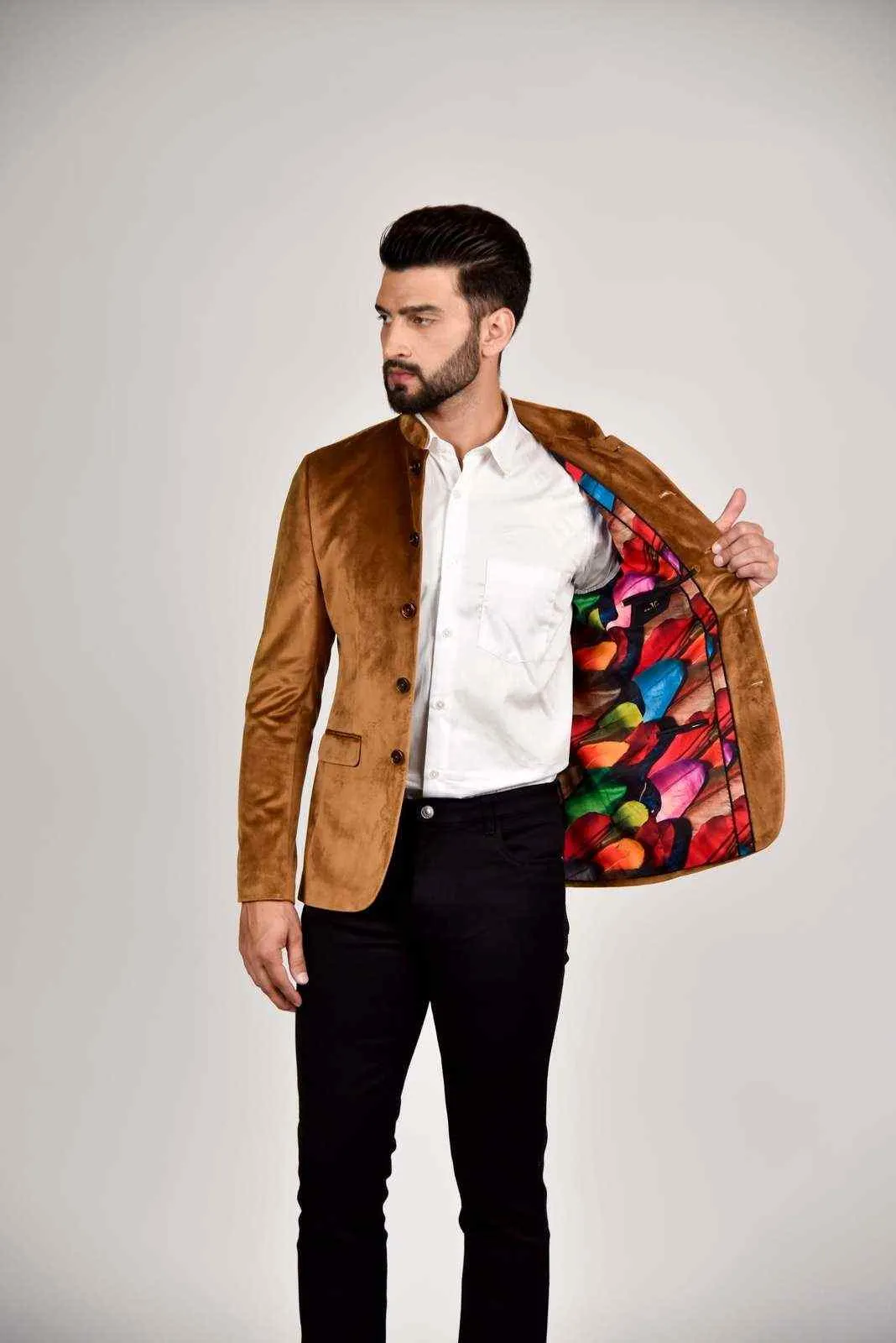 Khaki Velvet Bandhgala Blazer