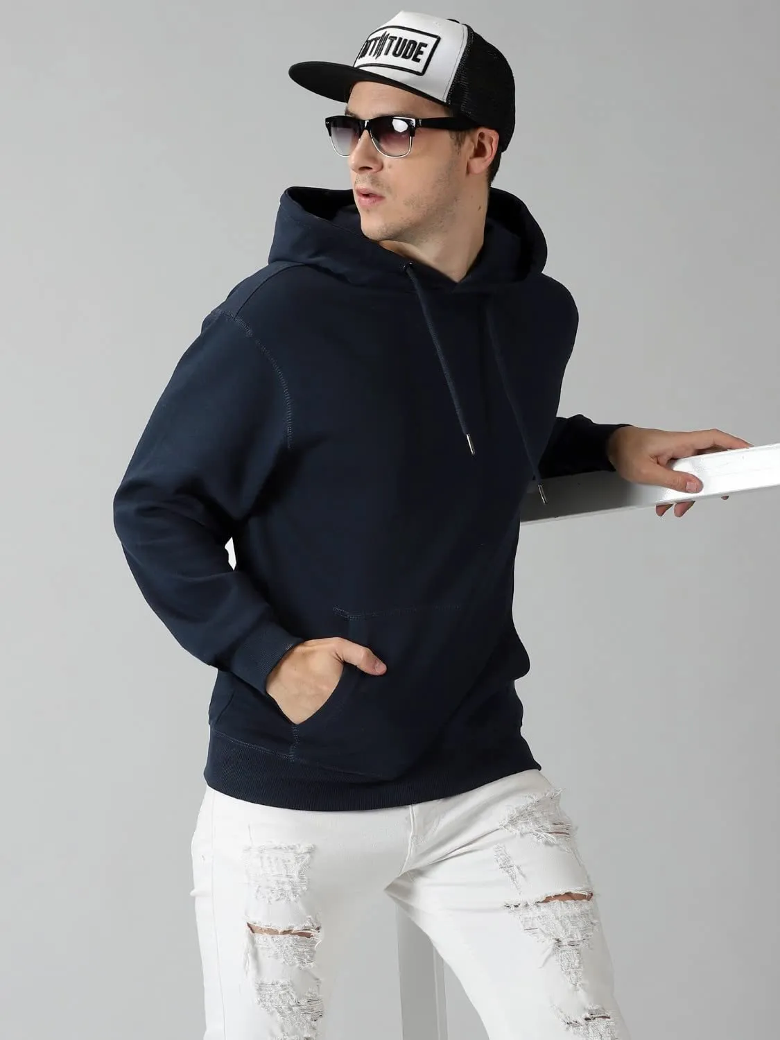 Klizzer Luxury Men's 100% Cotton Pullover Hoodie, Fleece Heavyweight Hooded Sweatshirt With Front Pocket (Navy Blue, M)