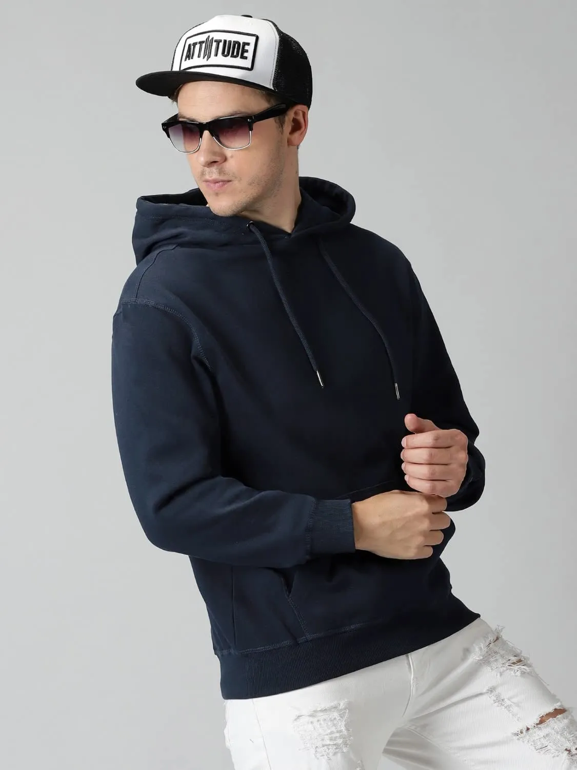 Klizzer Luxury Men's 100% Cotton Pullover Hoodie, Fleece Heavyweight Hooded Sweatshirt With Front Pocket (Navy Blue, M)