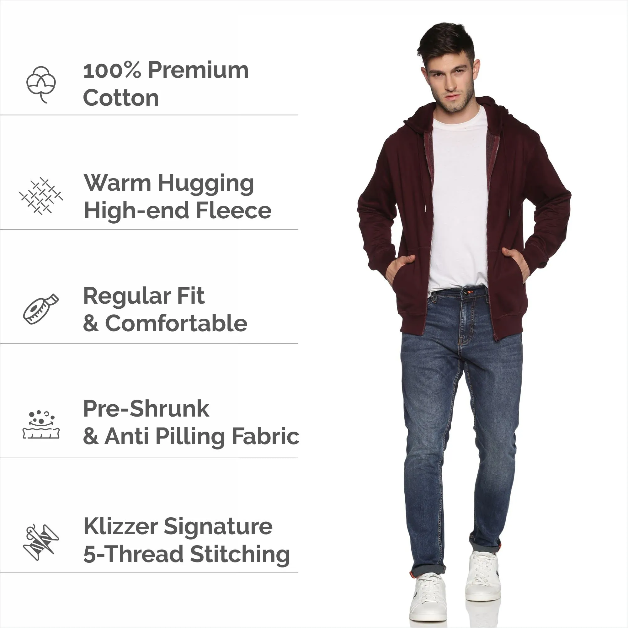 Klizzer Luxury Mens Zip Up Hoodie of Cotton Fleece Heavyweight sweatshirt hoodie(Maroon, Large)