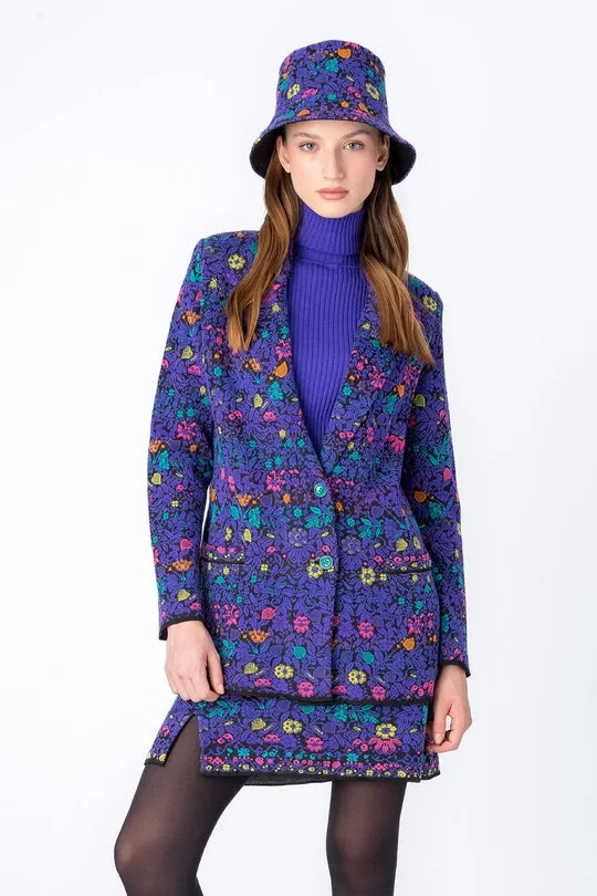 Knitted Blazer, Floral Pattern - Black