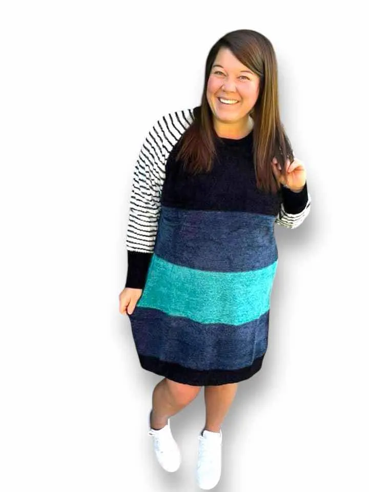Lauren - Black Navy Teal Block Stripe Chenille