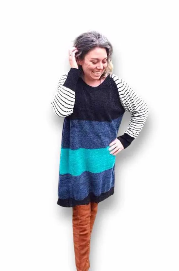 Lauren - Black Navy Teal Block Stripe Chenille