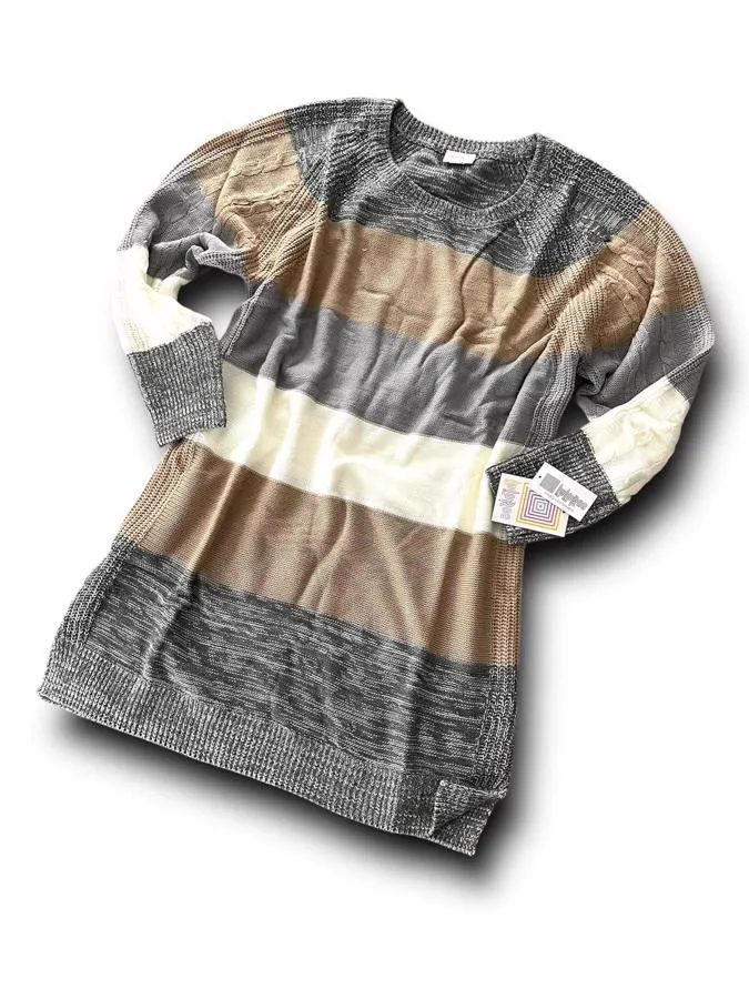 Lauren - Grey Tan White Block Stripe Sweater Knit