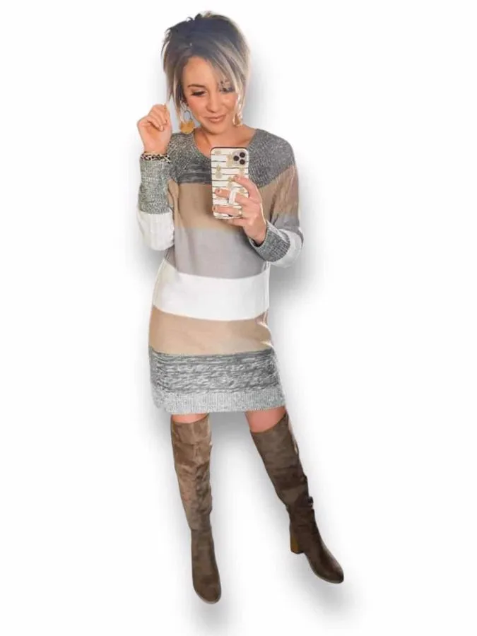 Lauren - Grey Tan White Block Stripe Sweater Knit