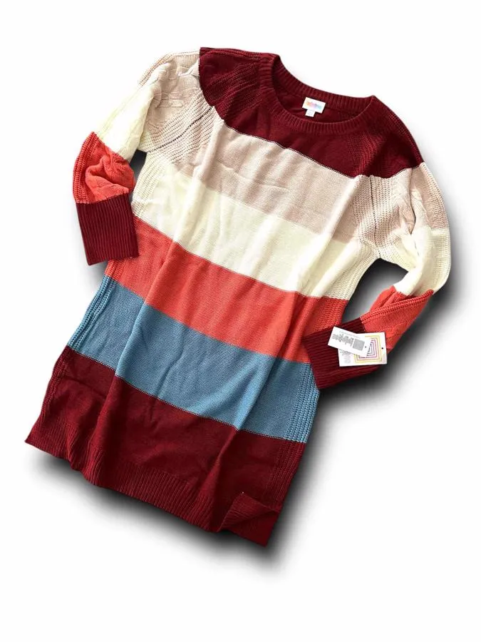 Lauren - Maroon Coral Teal Block Stripe