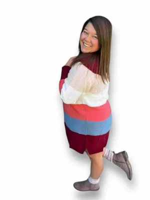 Lauren - Maroon Coral Teal Block Stripe