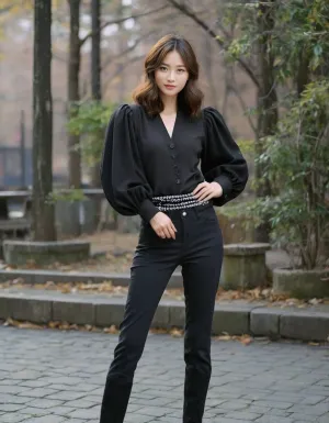 LONG SLEEVE V-NECK BUTTON DOWN BLOUSE