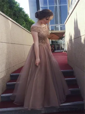 Lovely Beaded Prom Dresses, Tulle Prom Dresses, V-back Prom Dresses, Long Prom Dresses, PD0614