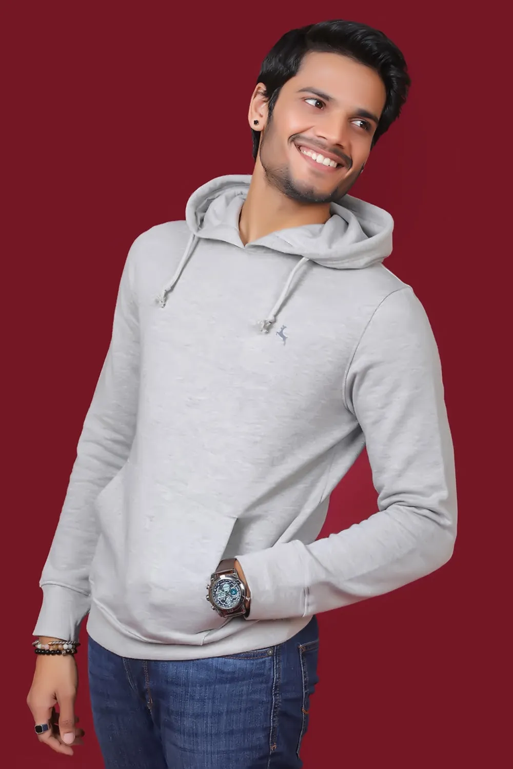 Men's Grey Melange Hooded Jacket with Logo