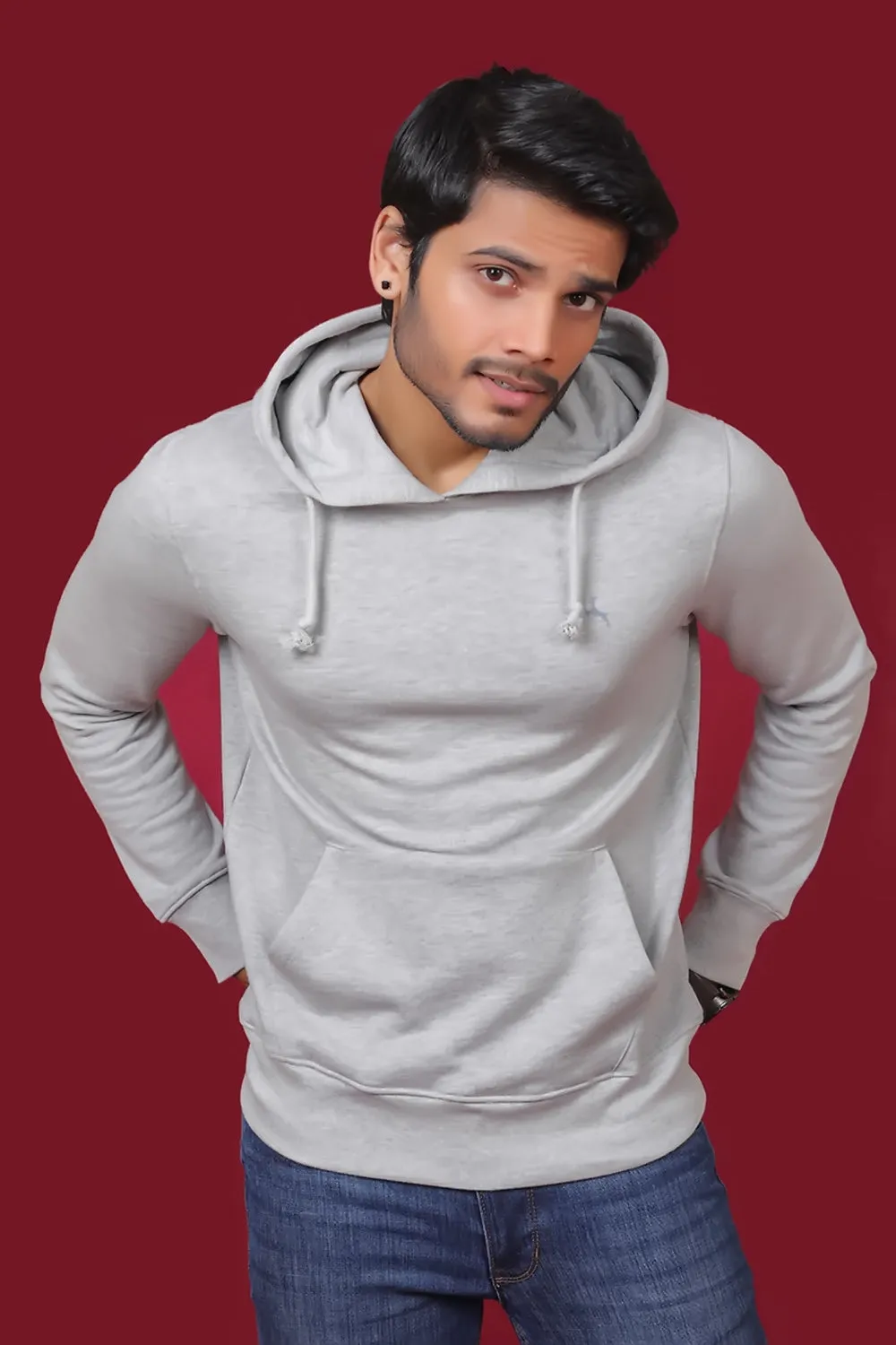 Men's Grey Melange Hooded Jacket with Logo