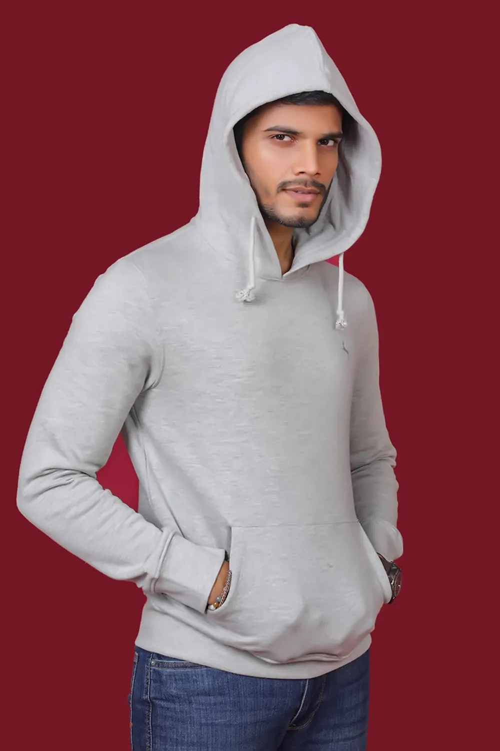 Men's Grey Melange Hooded Jacket with Logo